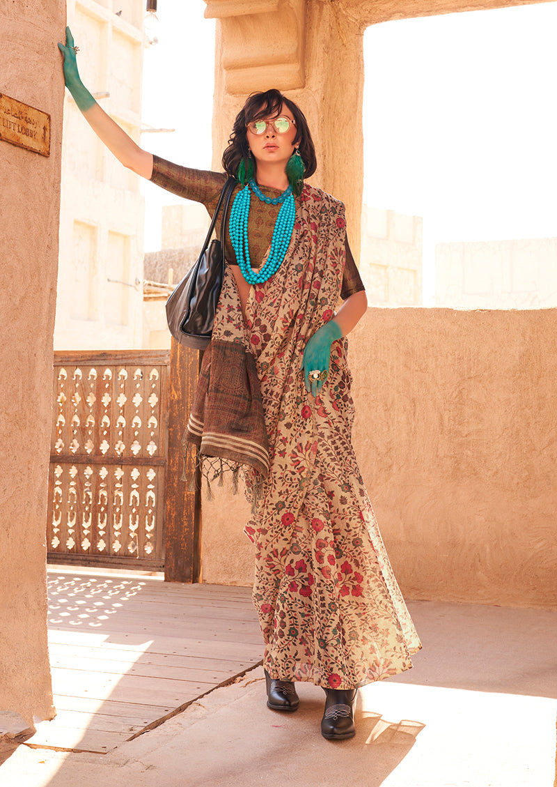 Stunning Beige Printed Tissue Saree
