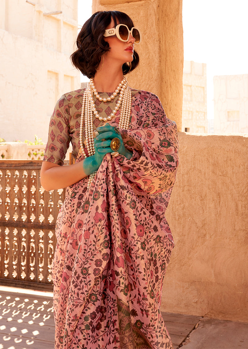 Baby Pink Floral Print Tissue Designer Saree with Blouse Piece