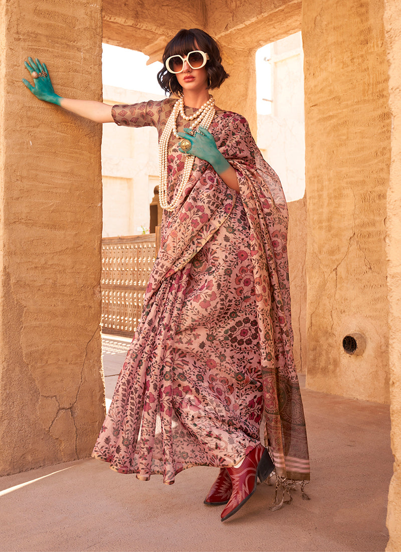 Baby pink floral printed tissue designer saree with matching unstitched blouse piece for kids.