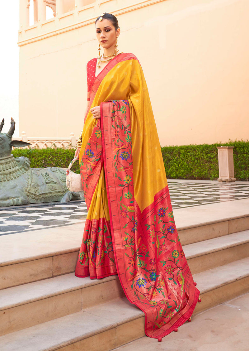 Mustard soft silk saree with traditional woven motifs
