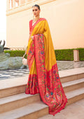 Mustard soft silk saree with traditional woven motifs
