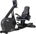 RB8MAX Recumbent Exercise Bike in Gray with dual-touchscreen console and 360-degree swivel seat