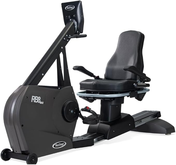 RB8MAX Recumbent Exercise Bike in Gray with dual-touchscreen console and 360-degree swivel seat