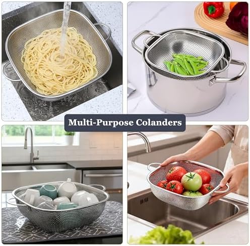 E-far Stainless Steel Colander Set of 3, Square Strainers and Colanders