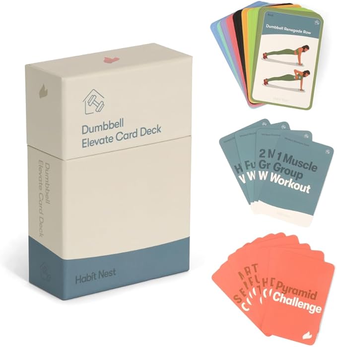 Dumbbell Elevate Exercise Cards: Home Workout Series Card Deck - Comprehensive At-Home Fitness System with 65 Exercises, 8 Bonus Challenges, and 4 Unique Workout Formats.