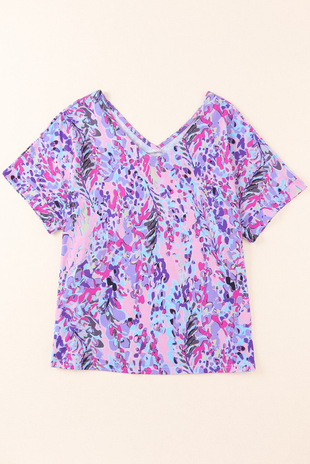 Pastel Blue Abstract Floral Print V-Neck Short Sleeve T-Shirt