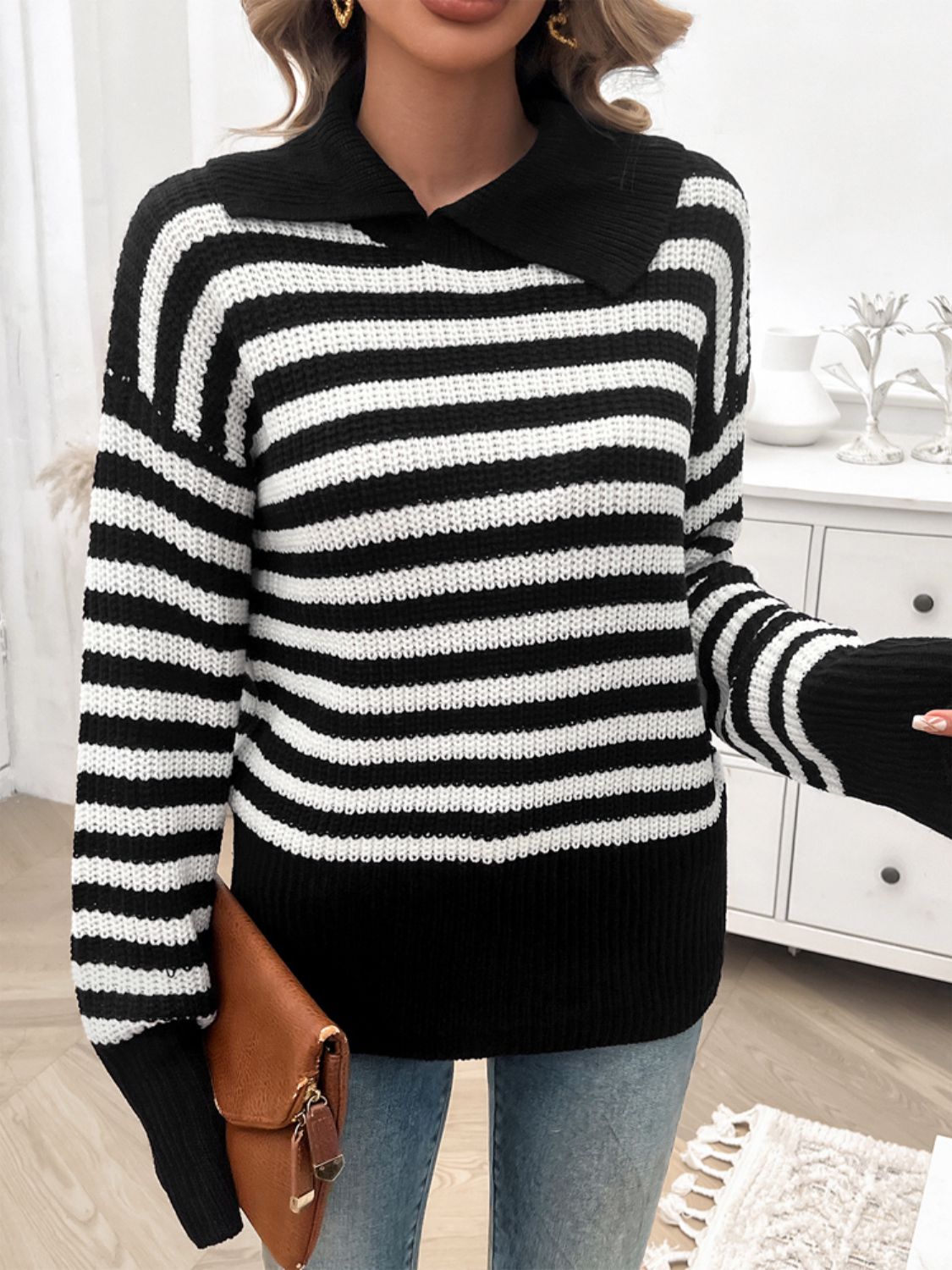 Women's Collared Striped Knit Sweater in Brown and White - Image 8