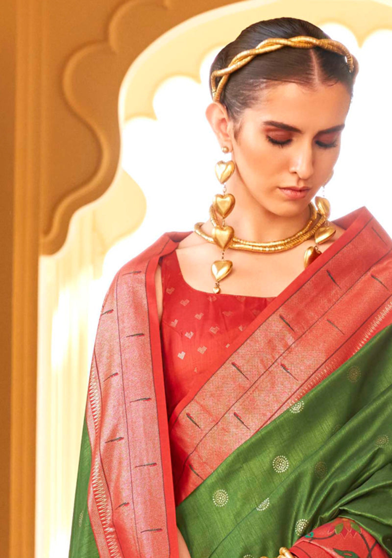 Mehendi Green Soft Silk Saree with Traditional Paithani Motifs