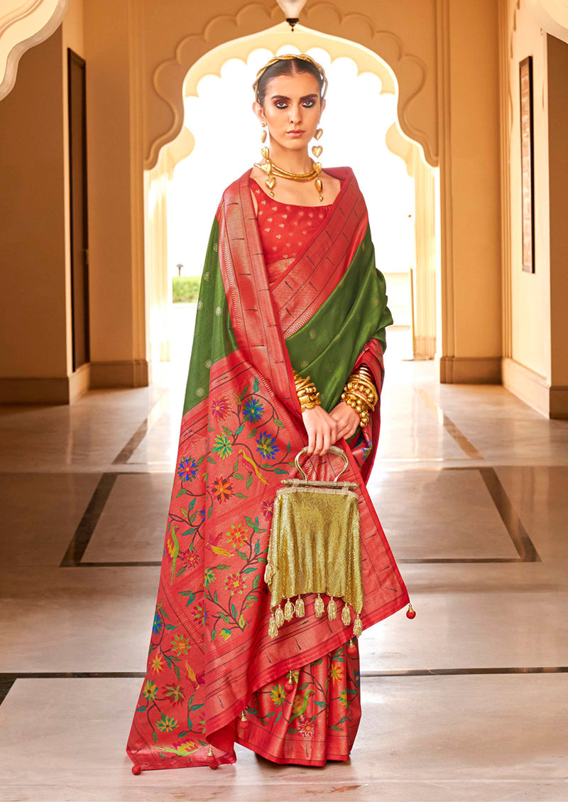 Mehendi green soft silk saree with traditional floral motifs and gold weaving