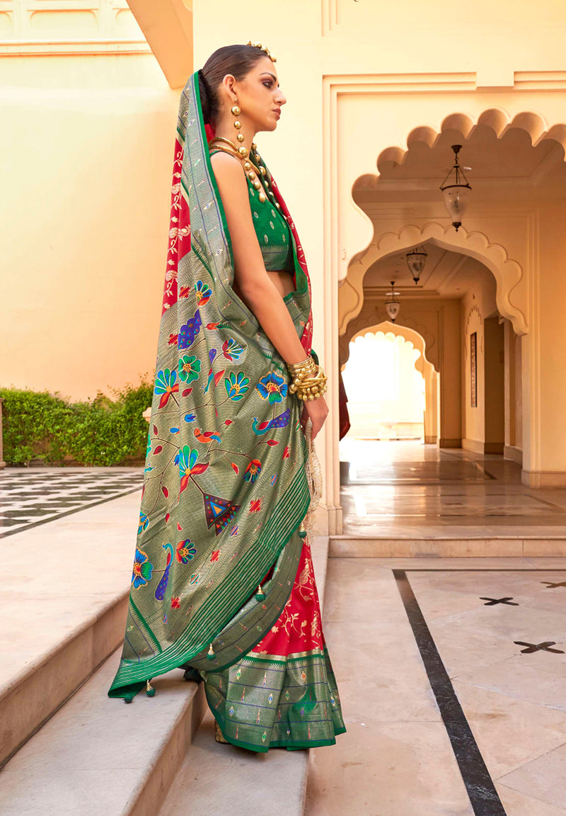 Crimson Soft Silk Saree with Traditional Paithani Weaving Motifs