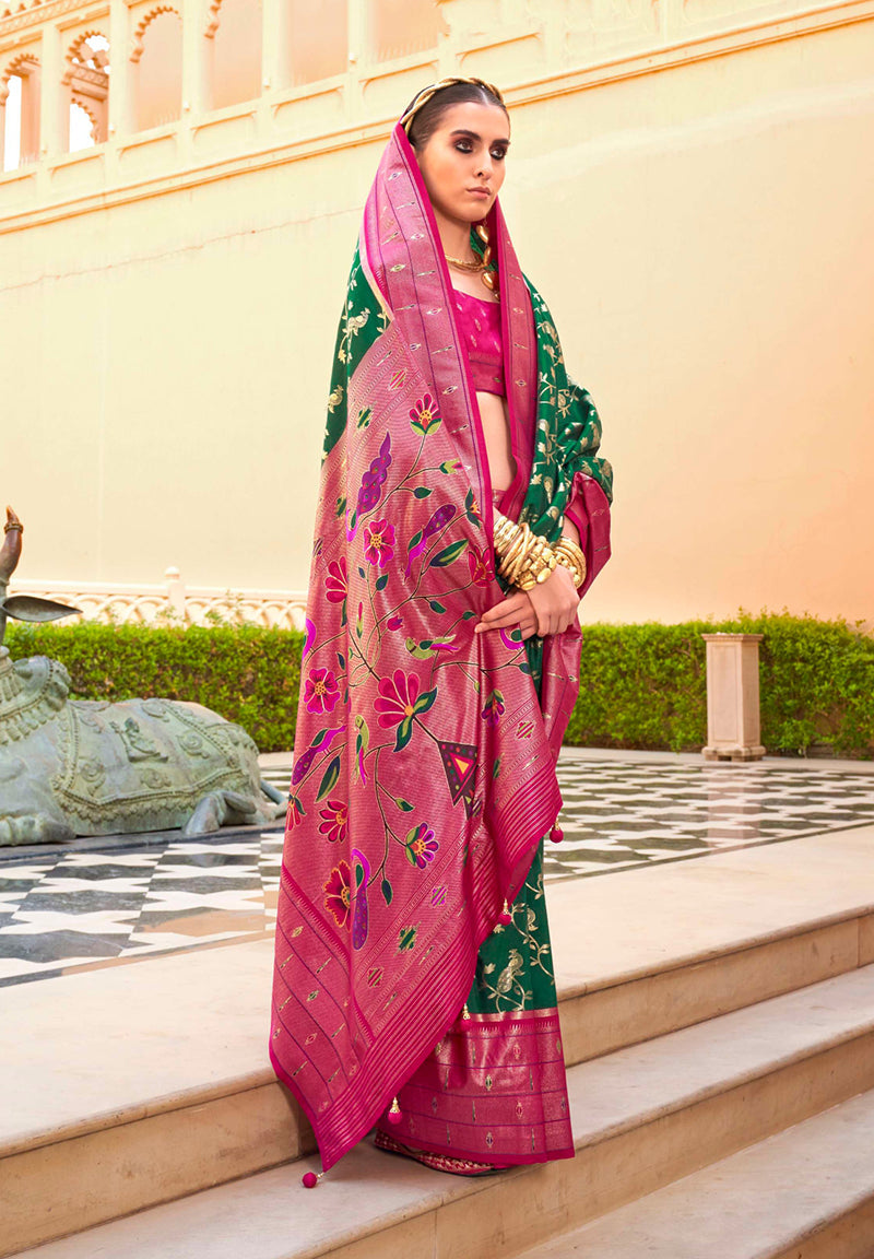 Dark Green Soft Silk Saree with Traditional Motifs