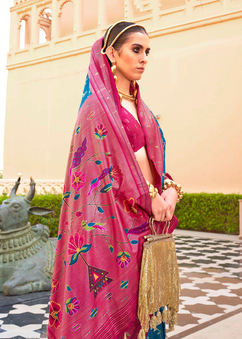 Blue Soft Silk Saree with Traditional Paithani Motifs