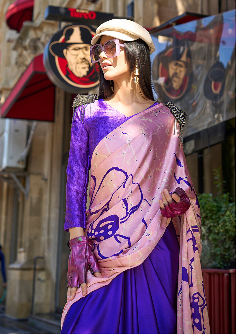 Baby Pink Satin Silk Printed Lightwear Saree with Matching Blouse