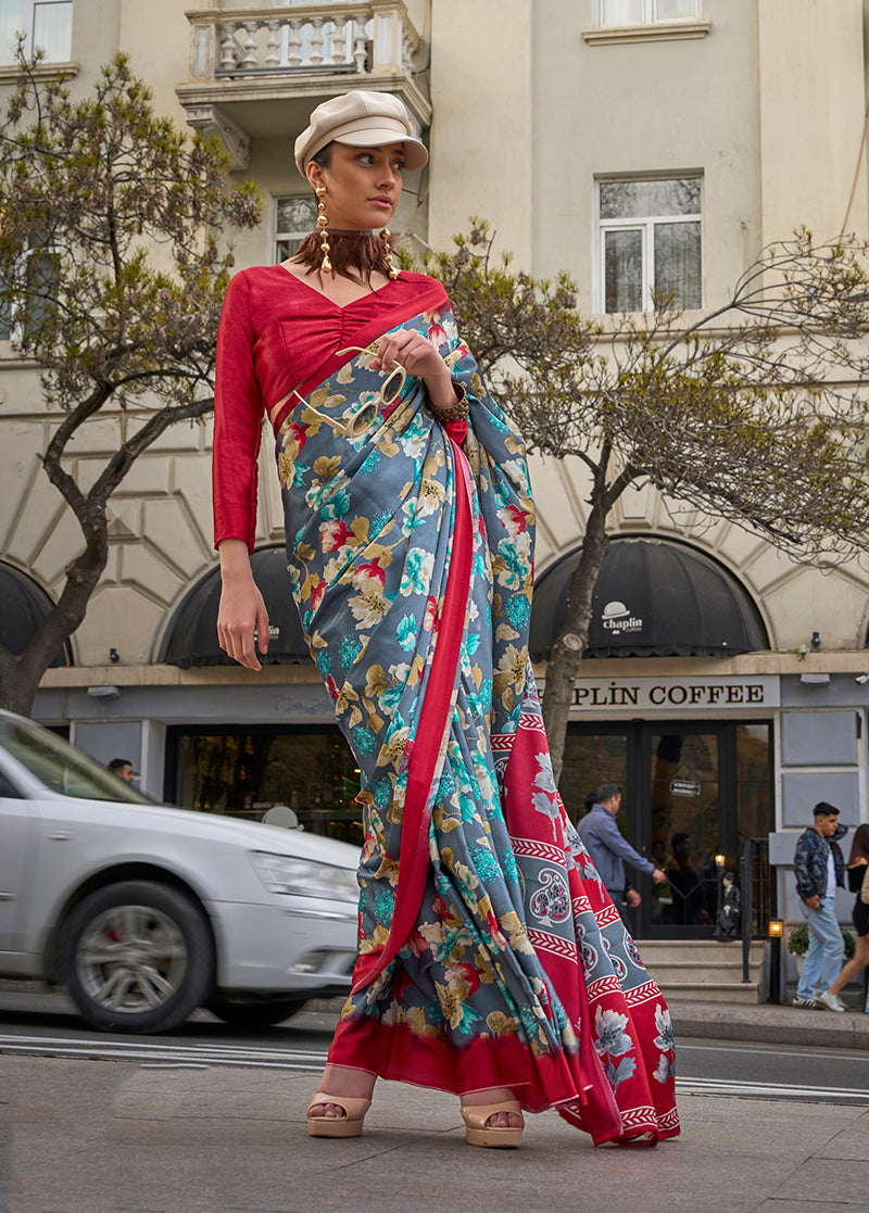 Grey Satin Silk Printed Saree