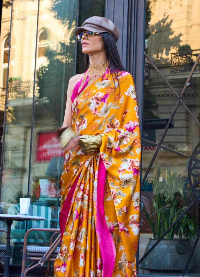 Mustard Satin Silk Printed Lightweight Saree