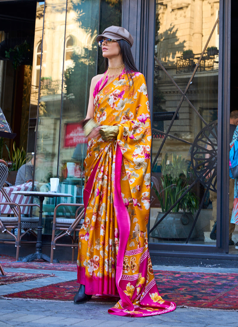 Mustard satin silk saree with delicate floral print