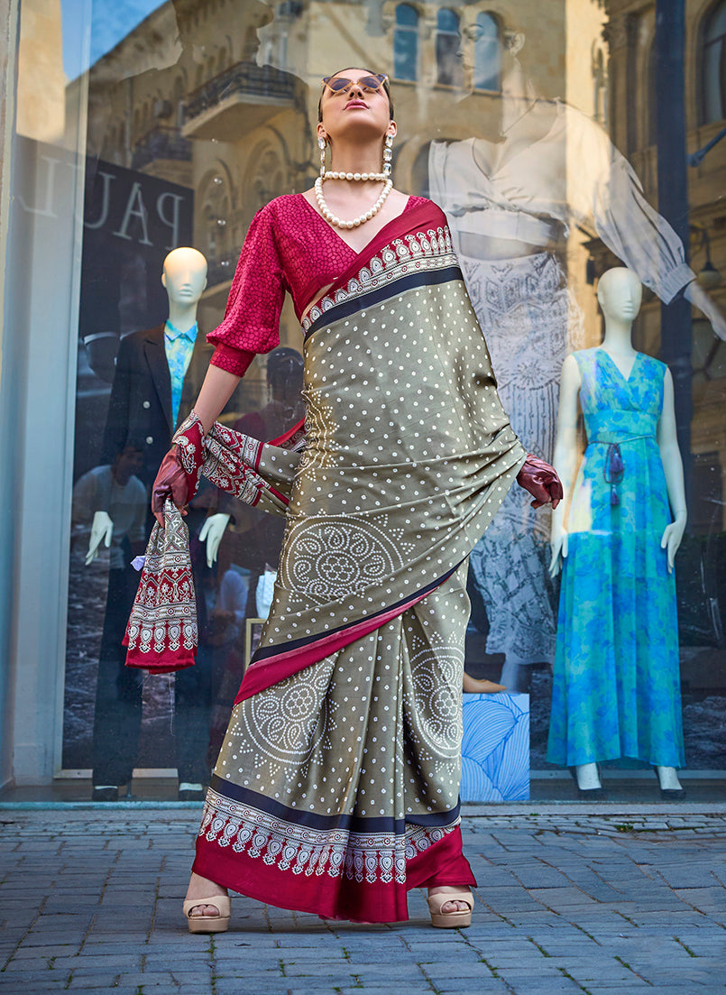 Light Brown Satin Silk Printed Saree for Women