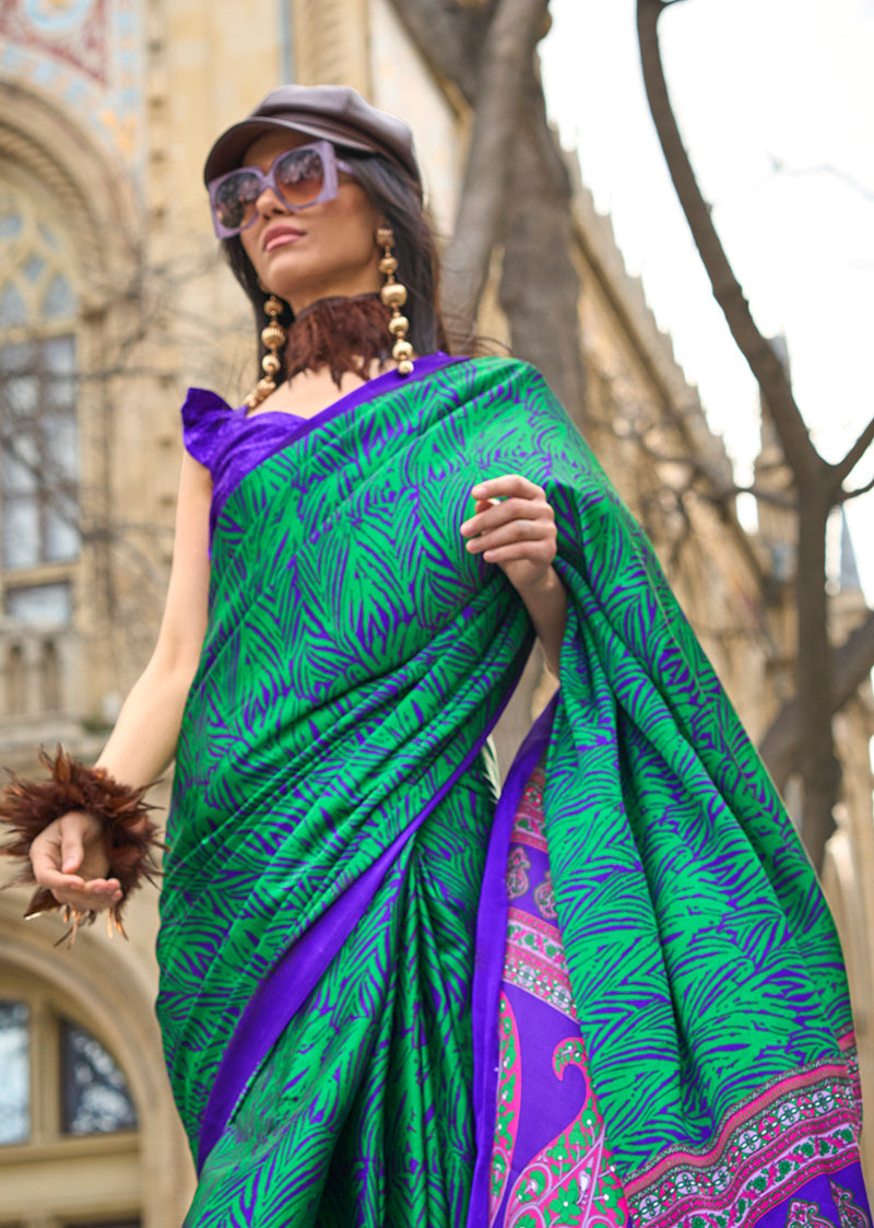Royal Blue Satin Silk Printed Saree for Women