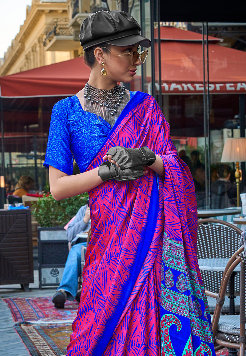 Magenta Satin Silk Printed Lightweight Saree
