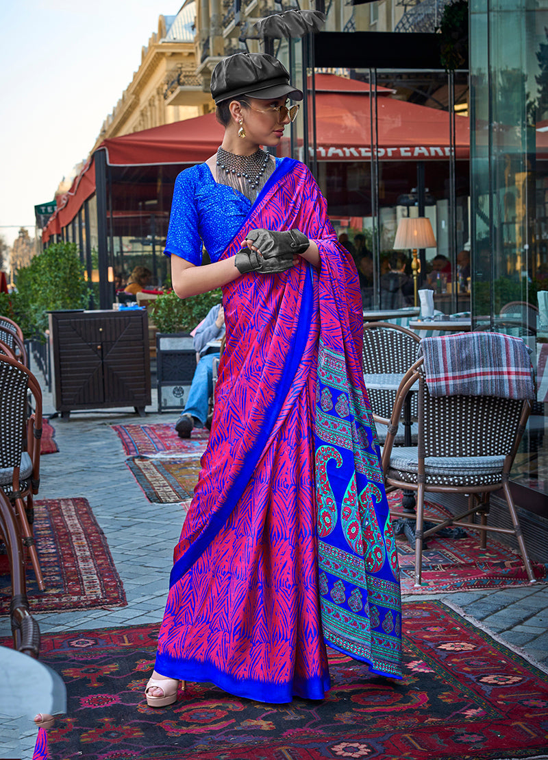 Vibrant magenta satin silk saree with elegant print pattern