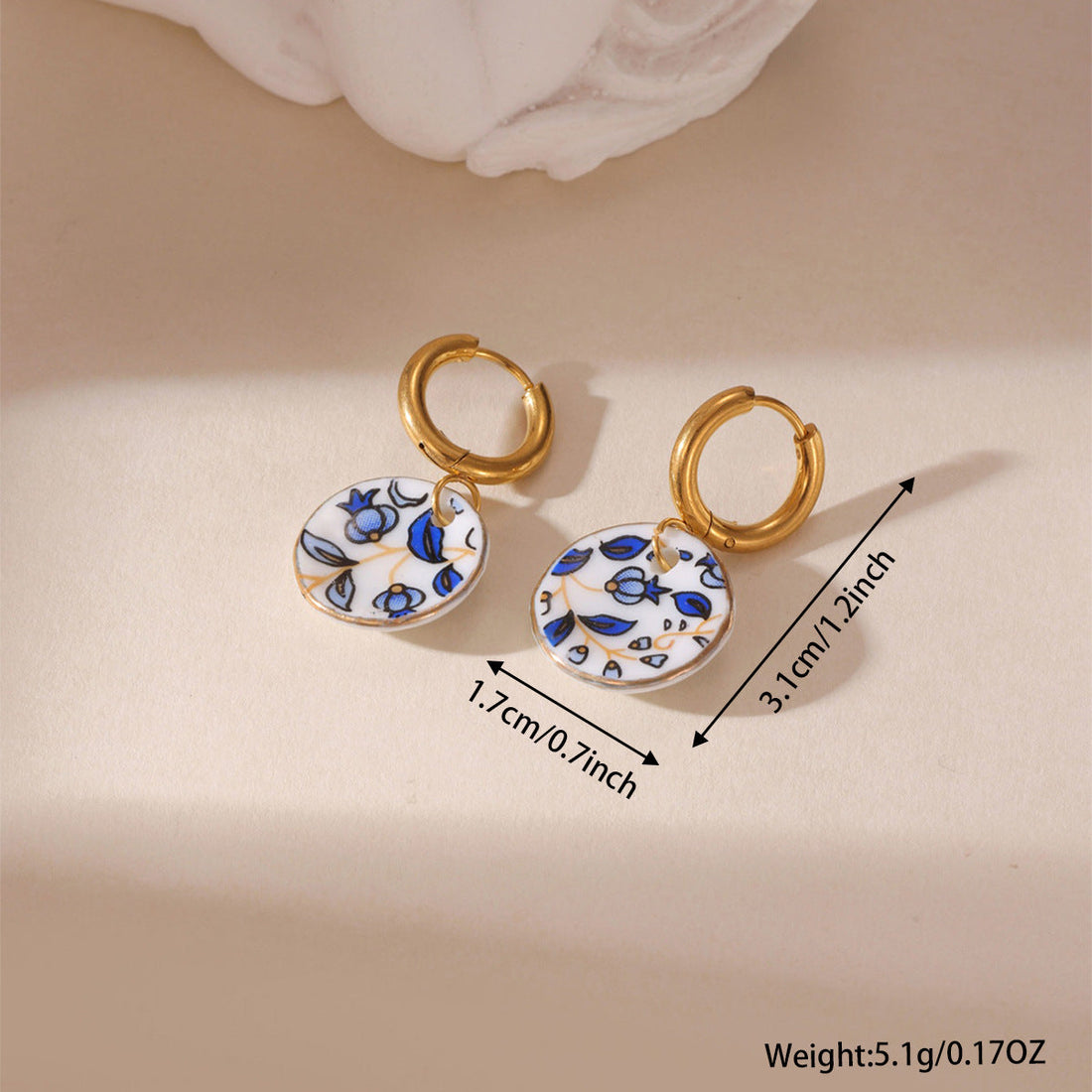 Blue and White Porcelain Dainty Drop Earrings 18K Gold Plated