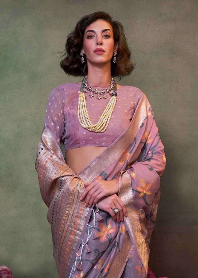 Light Lilac Mulmul Cotton Saree with Traditional Print