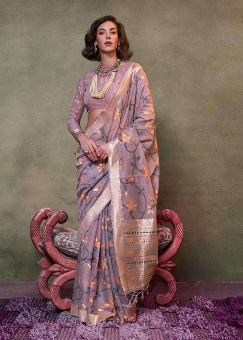 Light lilac mulmul cotton saree with traditional print pattern