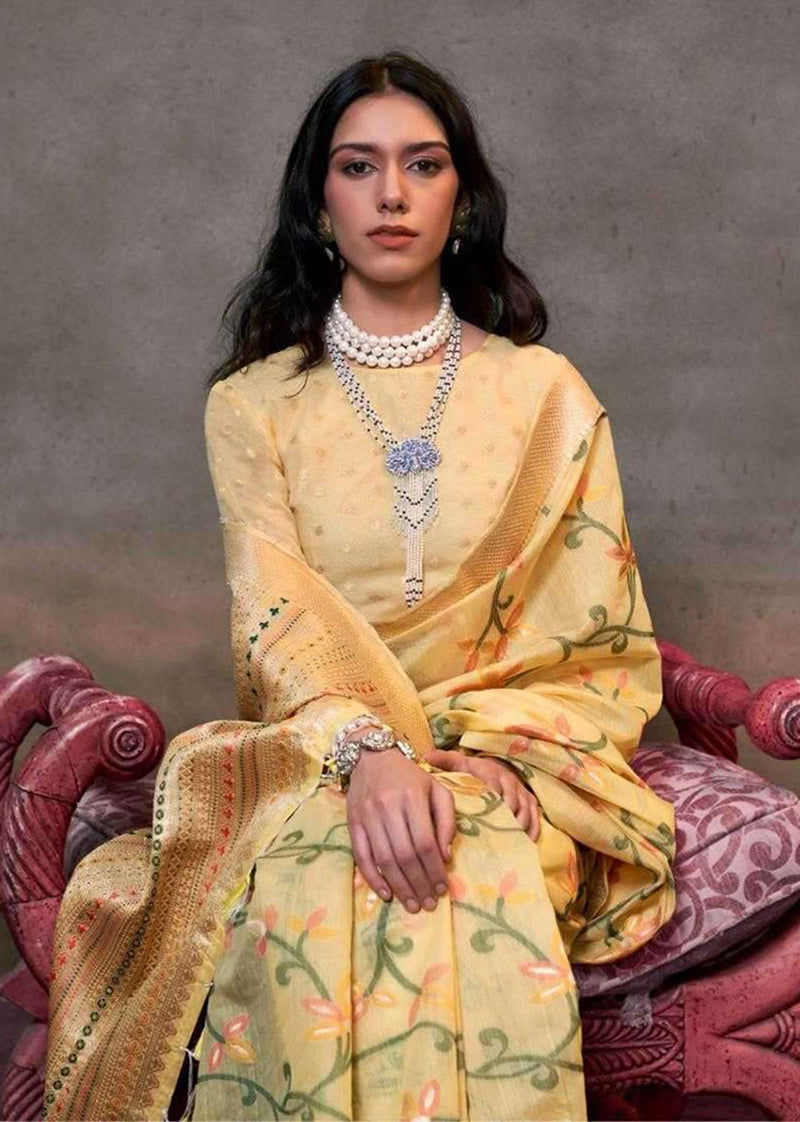 Light Yellow Printed Mulmul Cotton Saree