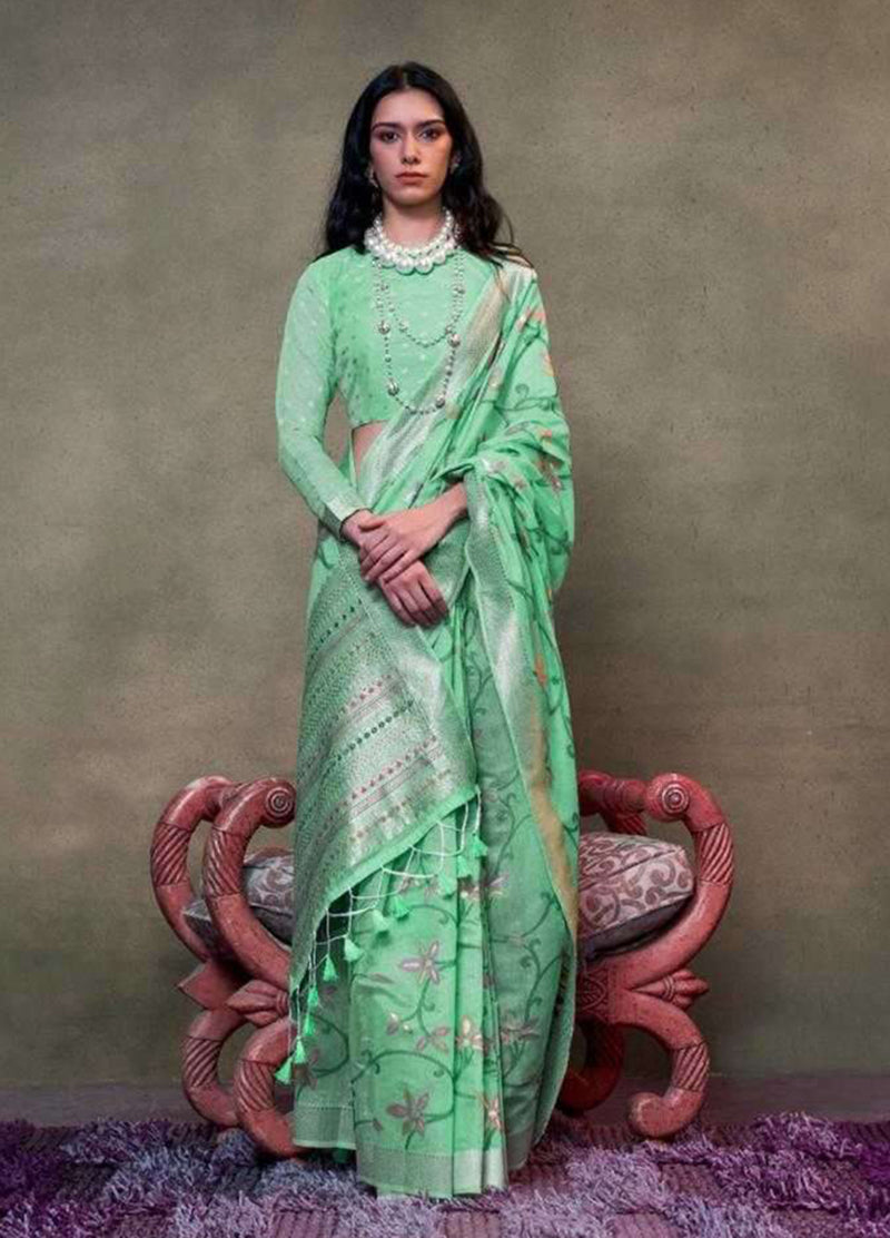 Sea Green Mulmul Cotton Printed Saree