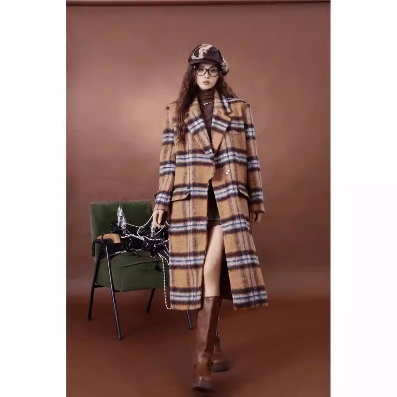 Women's Plaid Woolen Mid-Length Coat - Harajuku Style Outerwear - Image 8