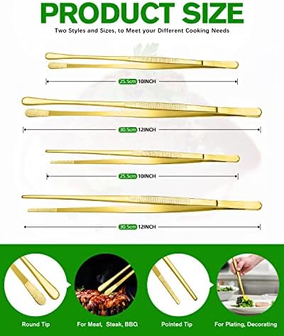 4 Pcs Fine Long Tweezer Tongs Professional Gold, Sea food and BBQ