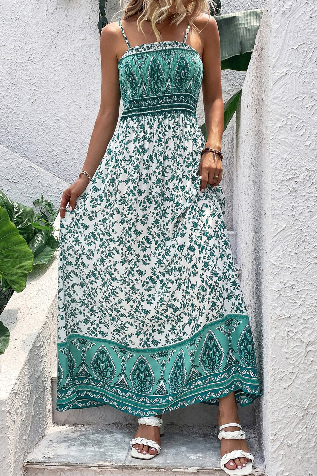 Green Boho Floral Shirred Cami Maxi Dress