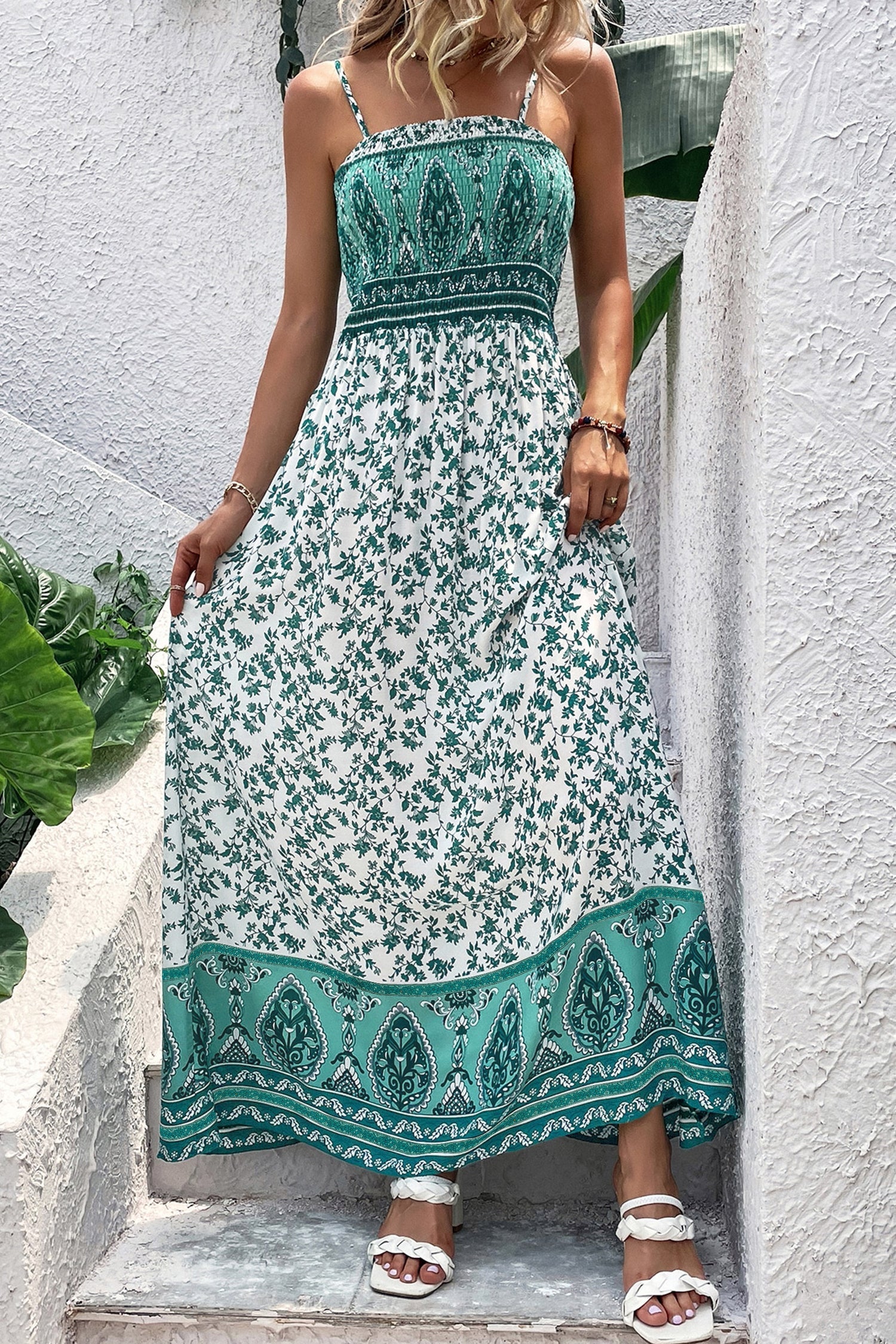 Green Boho Floral Shirred Cami Maxi Dress