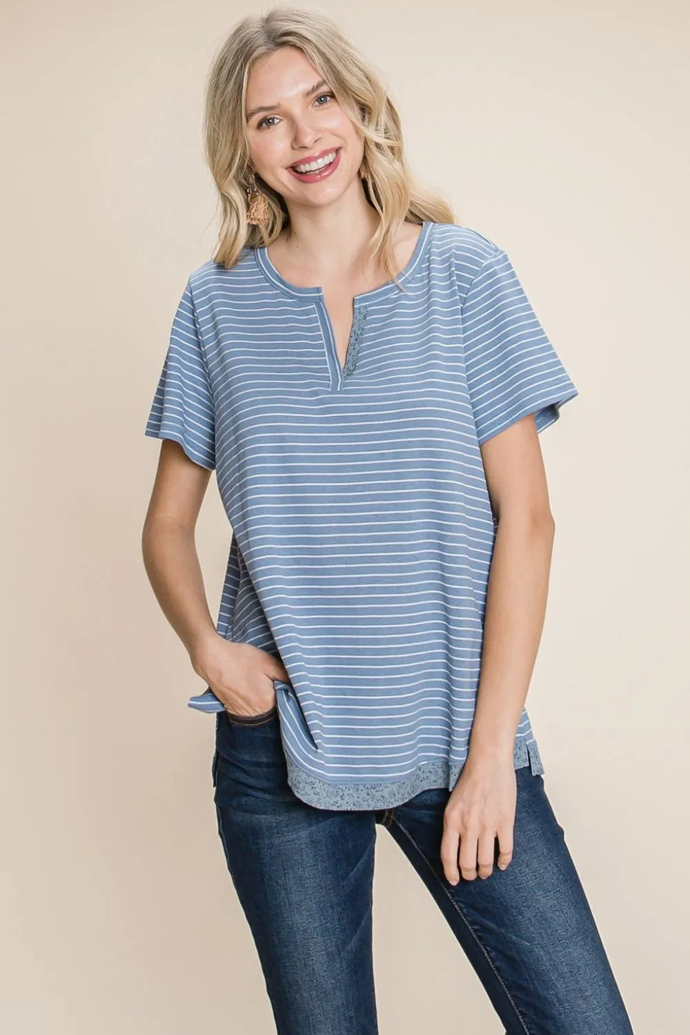 Cotton Bleu Slit Striped Notched Short Sleeve T-Shirt