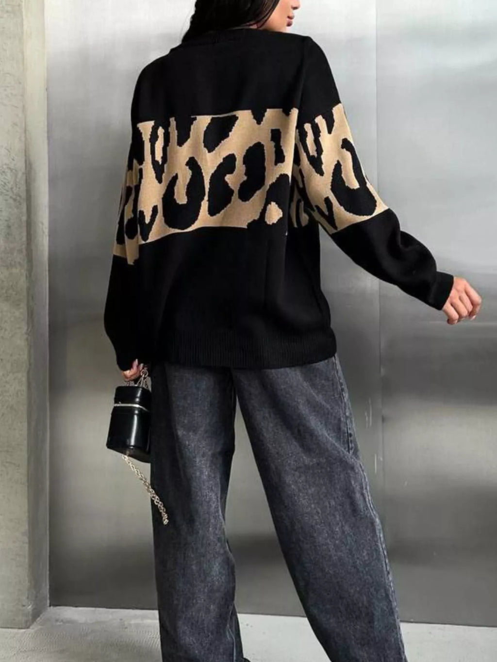Leopard Color Block Round Neck Sweater