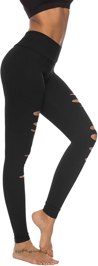 DIBAOLONG Womens High Waist Yoga Pants Cutout Ripped Tummy Control Workout Running Yoga Skinny Leggings