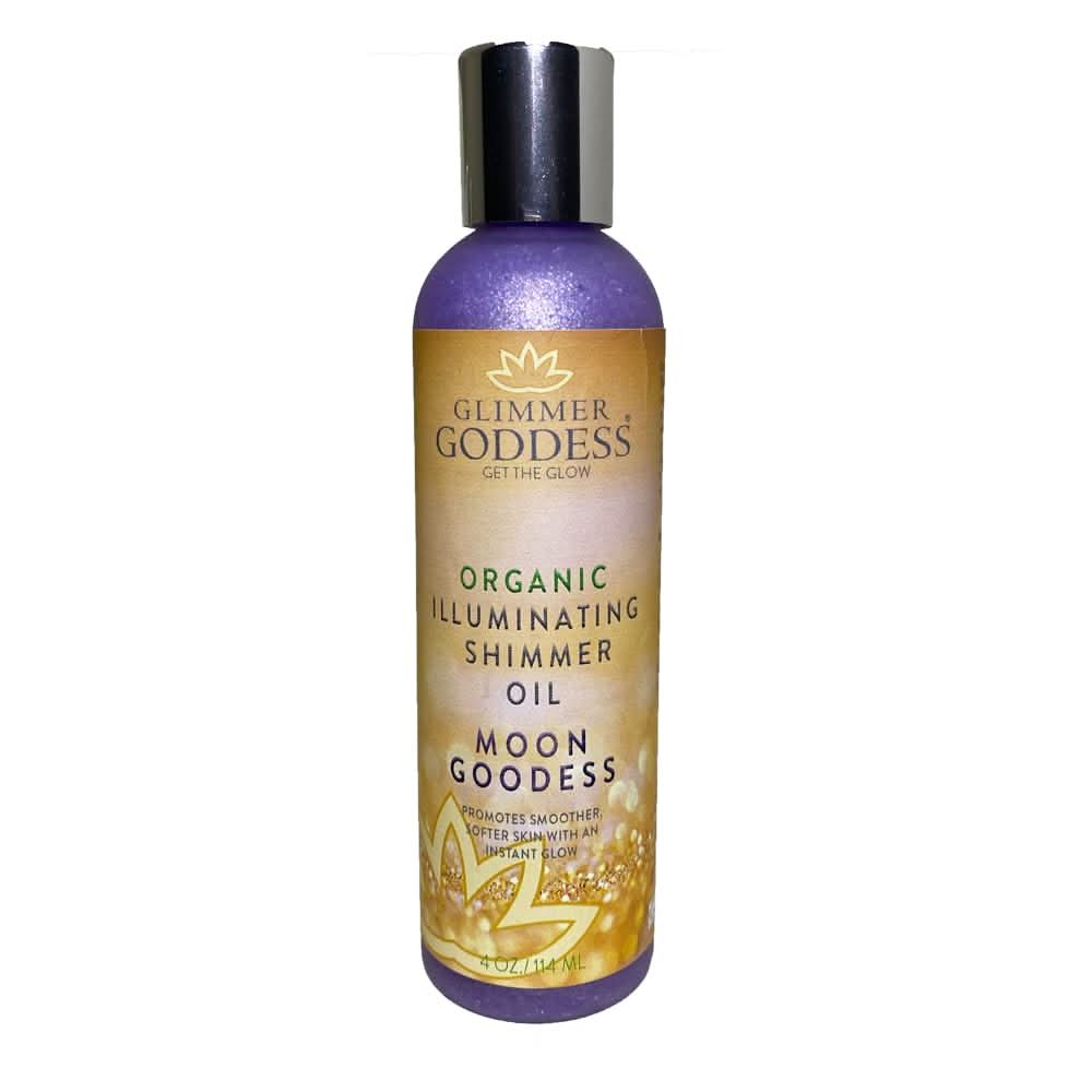 Glimmer Goddess Moon Goddess purple-tinted shimmering body oil in a 4oz bottle with gold label