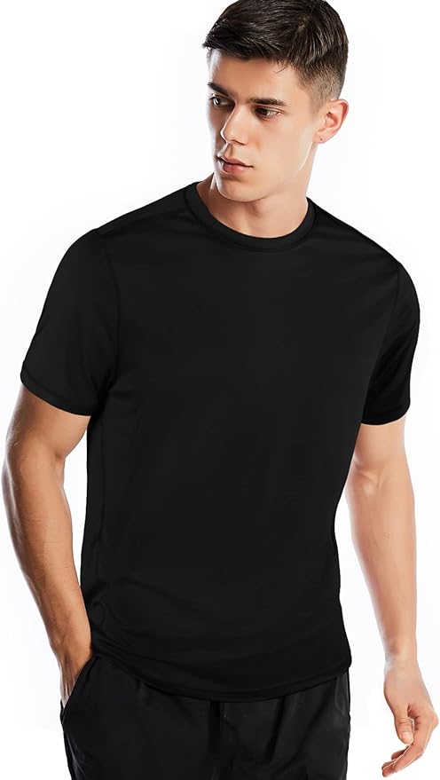 Men wearing a quick-dry moisture-wicking athletic short sleeve gym t-shirt in a relaxed fit.