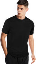 Men wearing a quick-dry moisture-wicking athletic short sleeve gym t-shirt in a relaxed fit.