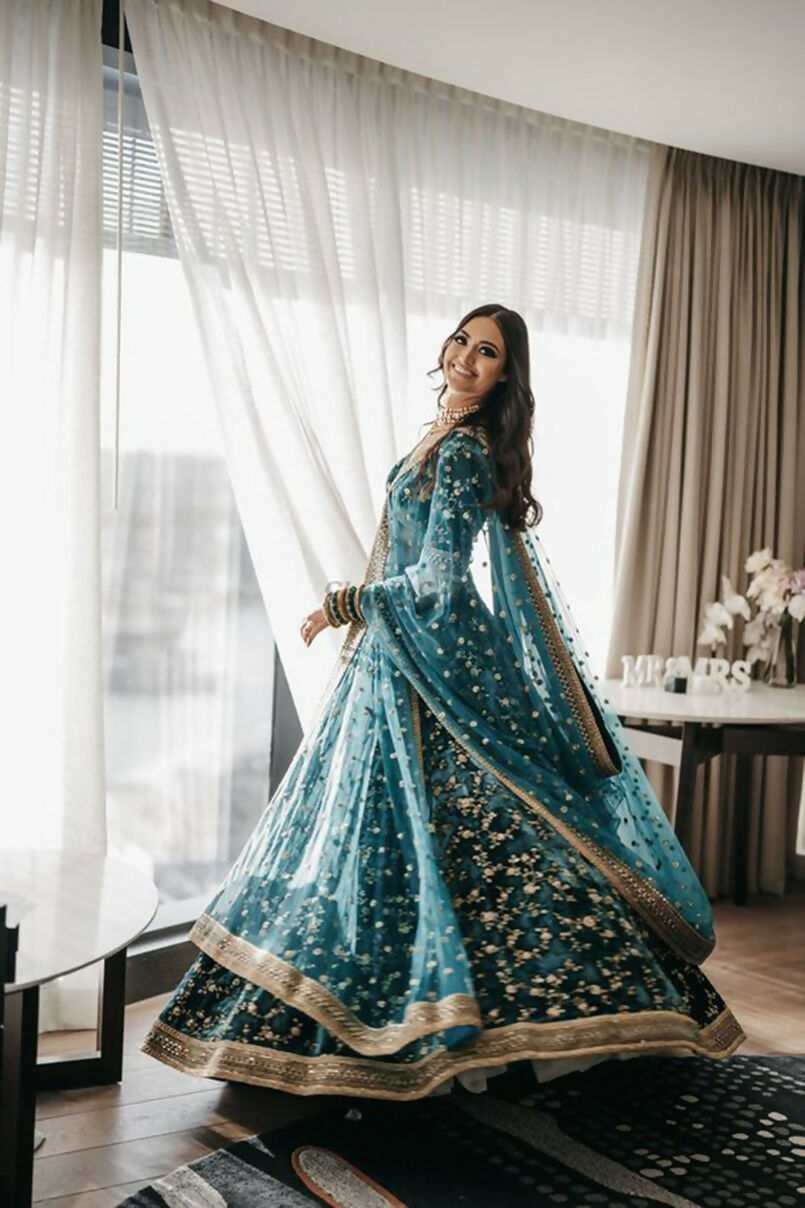 Bottle Green Velvet Lehenga Choli with Cording & Sequins