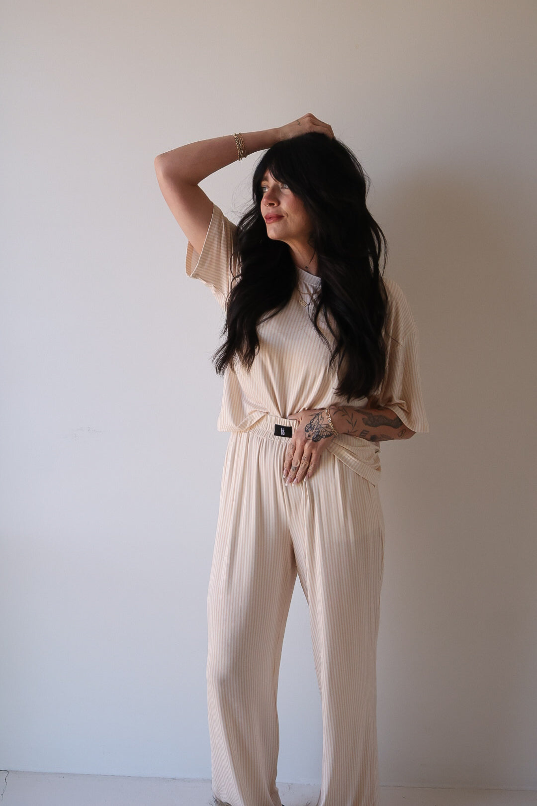 Women's Sadie Stripe Boxy Tee and Wide Leg Lounge Set in peach-pink and cream