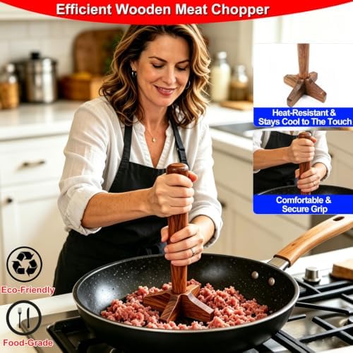 Wooden Meat Chopper for Ground Beef, Heat Resistant Hamburger Chopper,