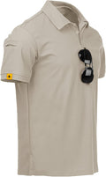 Men wearing a performance tactical golf polo shirt with ring buckle detail and moisture-wicking fabric.