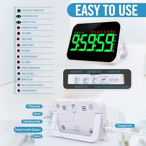 Kitchen Digital RGB Timer, Count Down Up, Rechargeable, Vibration Mode