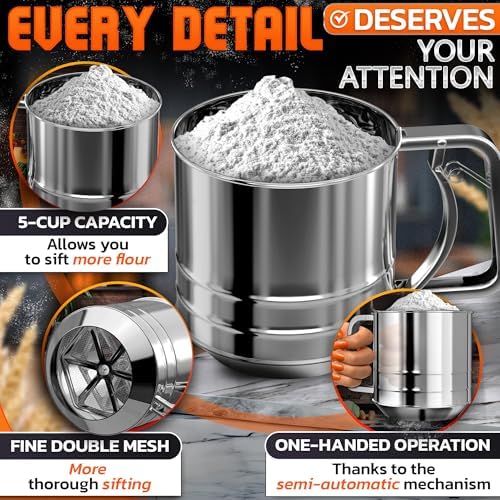 5 Cup Flour Sifter for Baking, Stainless Steel One-Hand Press