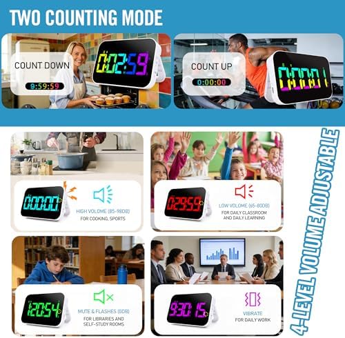 Kitchen Digital RGB Timer, Count Down Up, Rechargeable, Vibration Mode