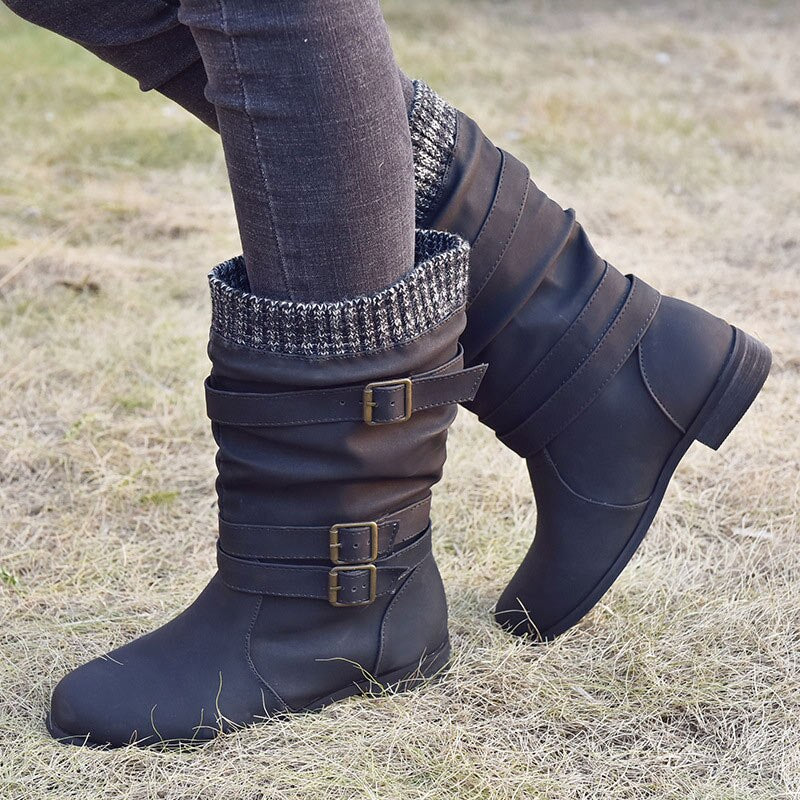 Women's Retro Chunky Heel Mid-Calf Boots with Buckles & Knit Cuff - Image 2