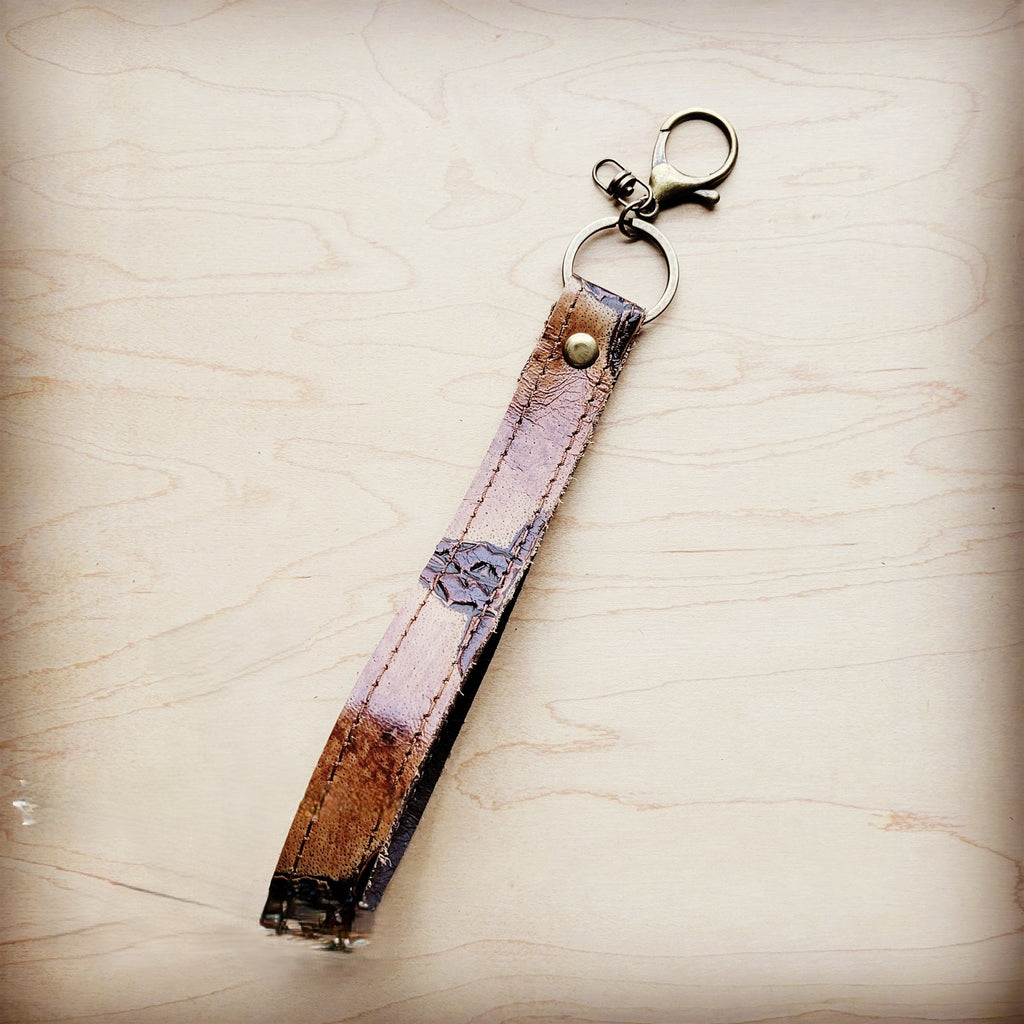 Embossed Leather Key Chain Strap in Tan