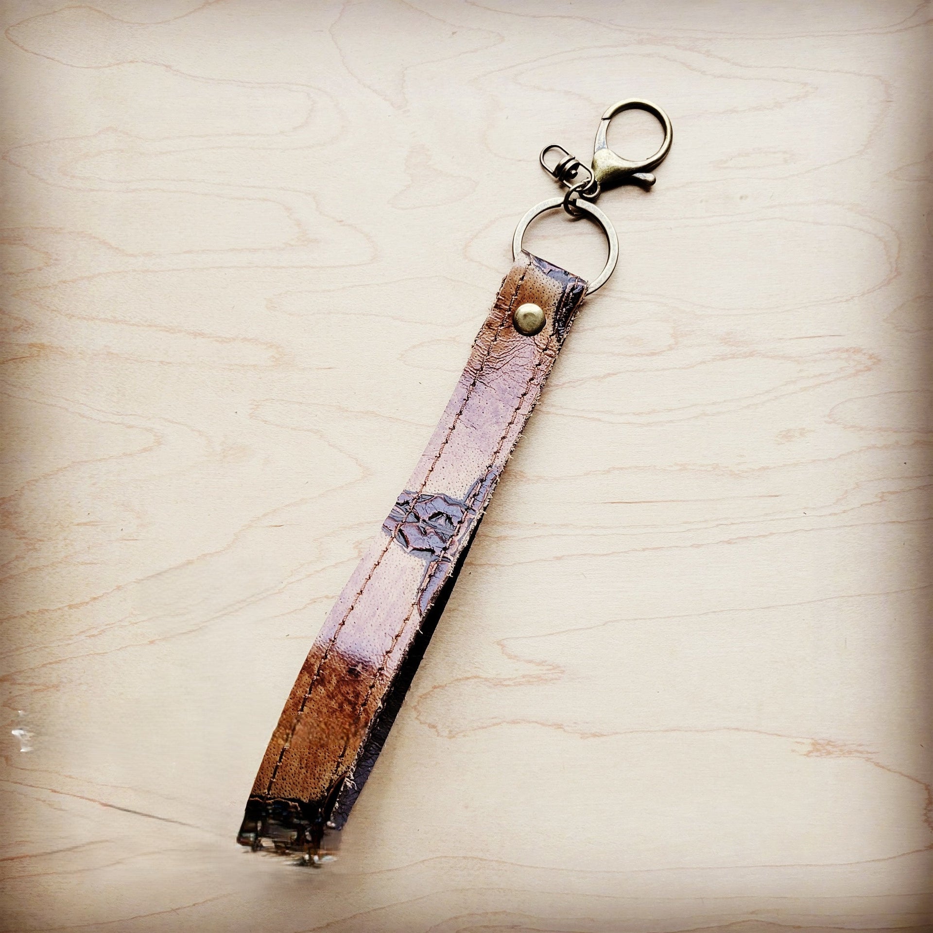 **Embossed Leather Key Chain Strap Tan Steer 701a