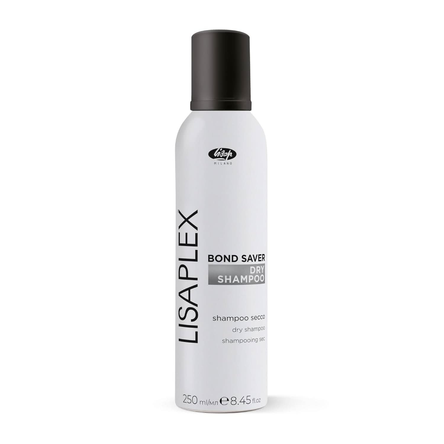 Lisap Milano Lisaplex Bond Saver Dry Shampoo spray bottle in minimalist black and white